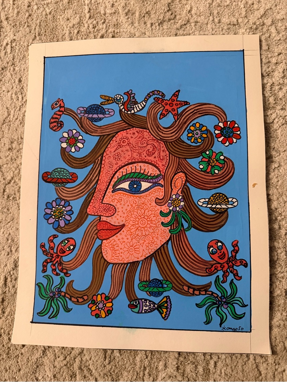 Blue Surreal Mermaid Portrait Art Print — Vibrant Blue & Coral Illustration